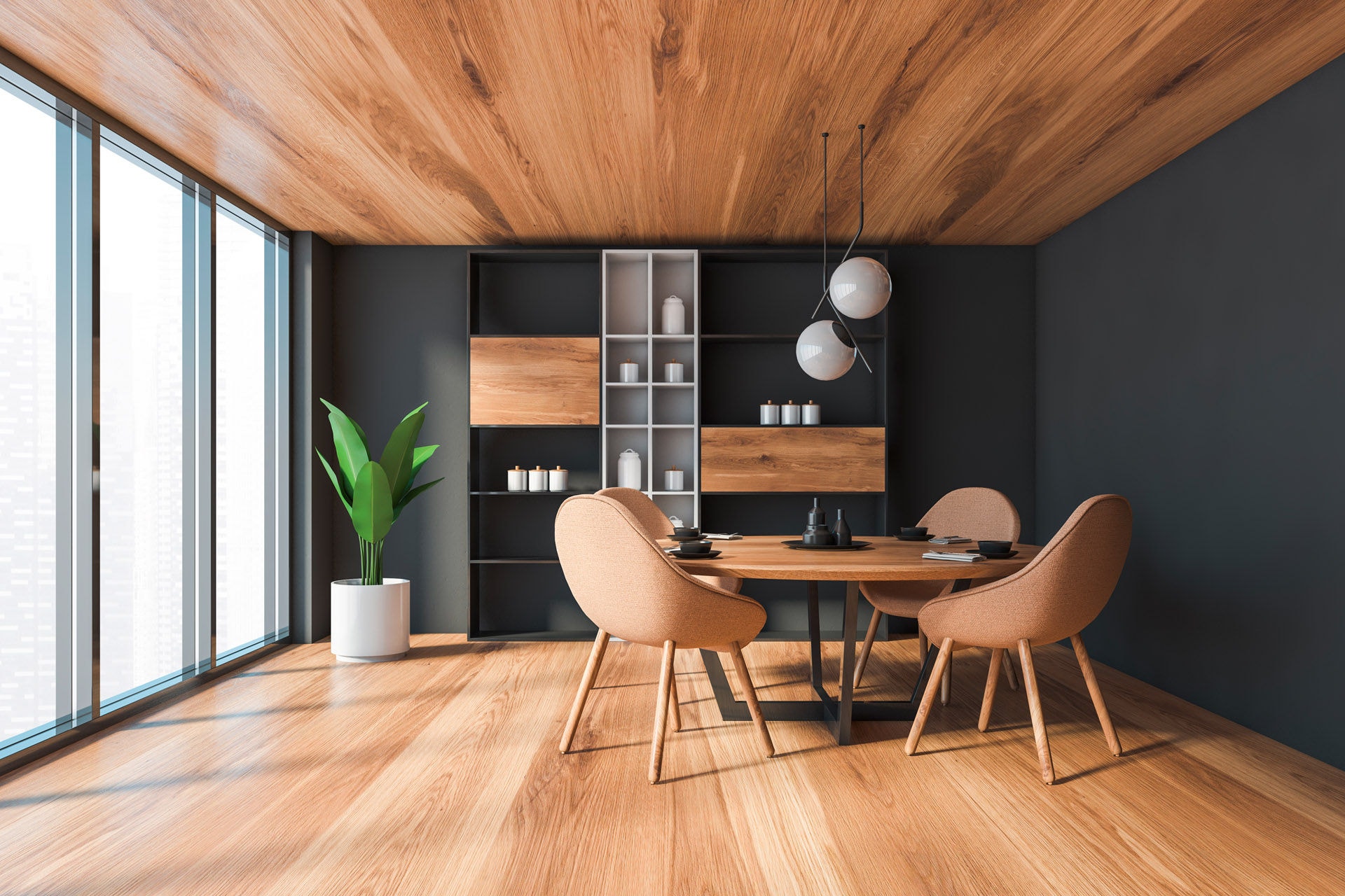 Interior of panoramic dining room with gray walls, wooden floor and ceiling, round table with beige chairs and cupboard. Window with blurry cityscape. 3d rendering