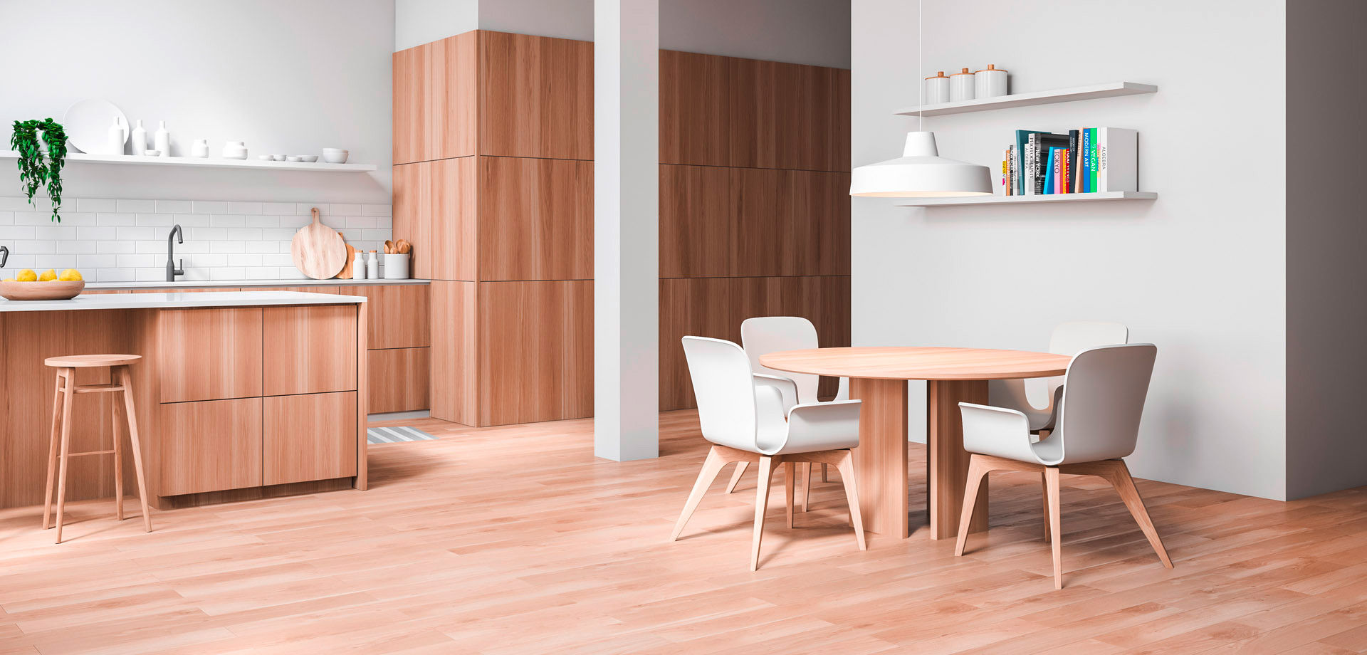 Attic white kitchen corner, round table and bar