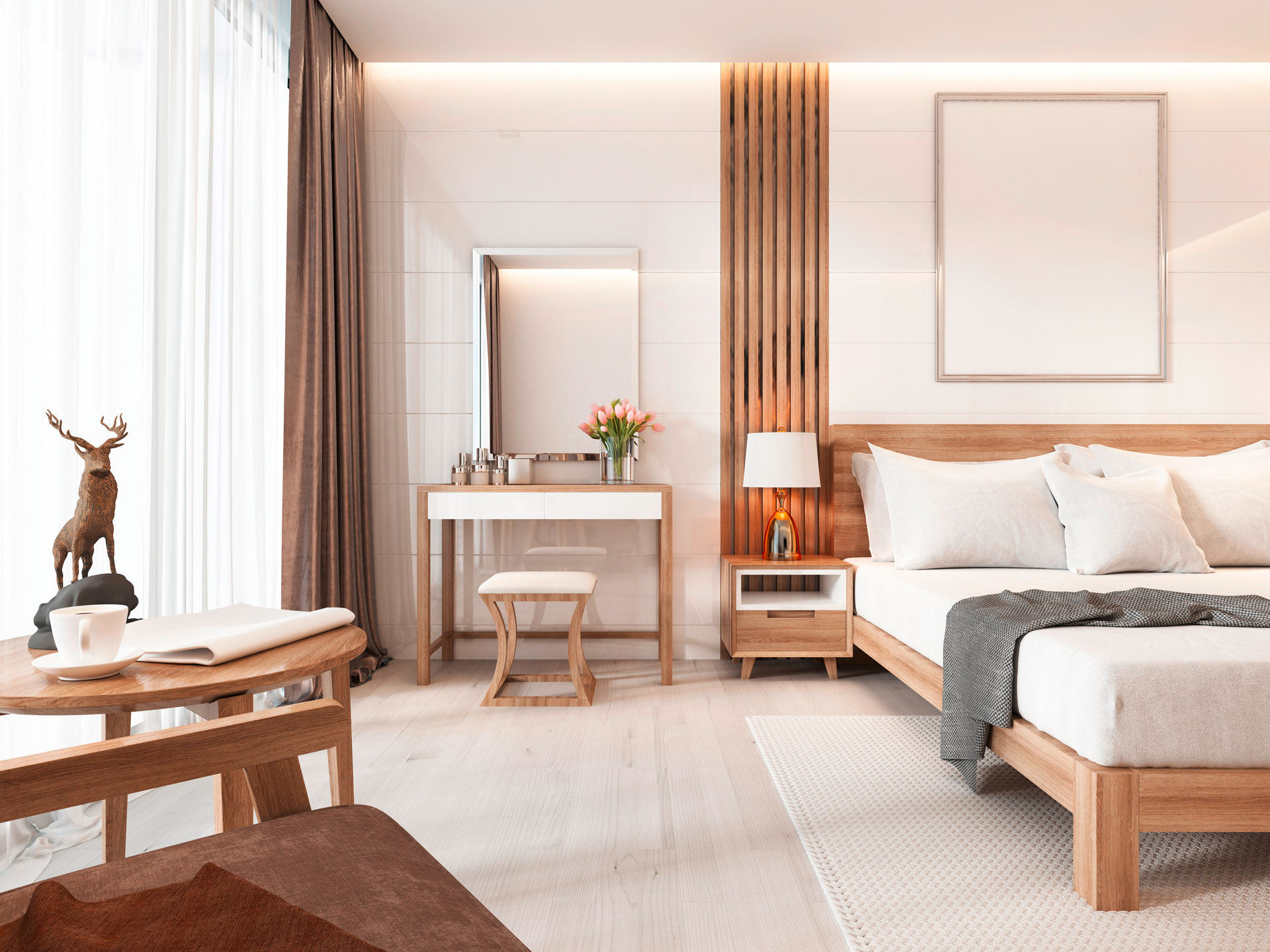 Modern light bedroom with wooden furniture in Scandinavian style. 3D rendering